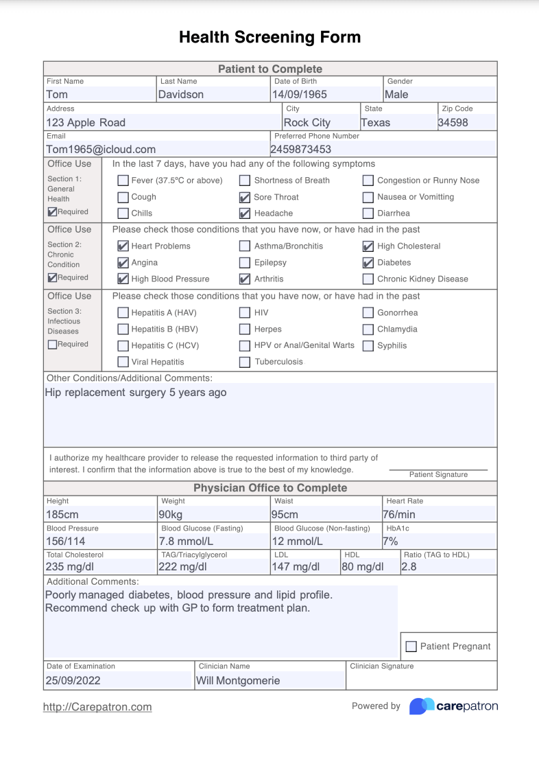 Health Screening Form Template Free PDF Download